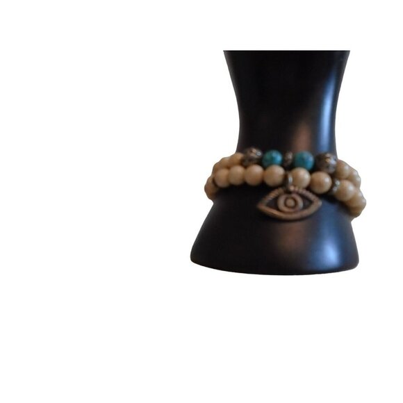 Handmade Vintage Set of 2 Natural Stone Stretch Bracelets -Evil Eye Symbol - Picture 6 of 7